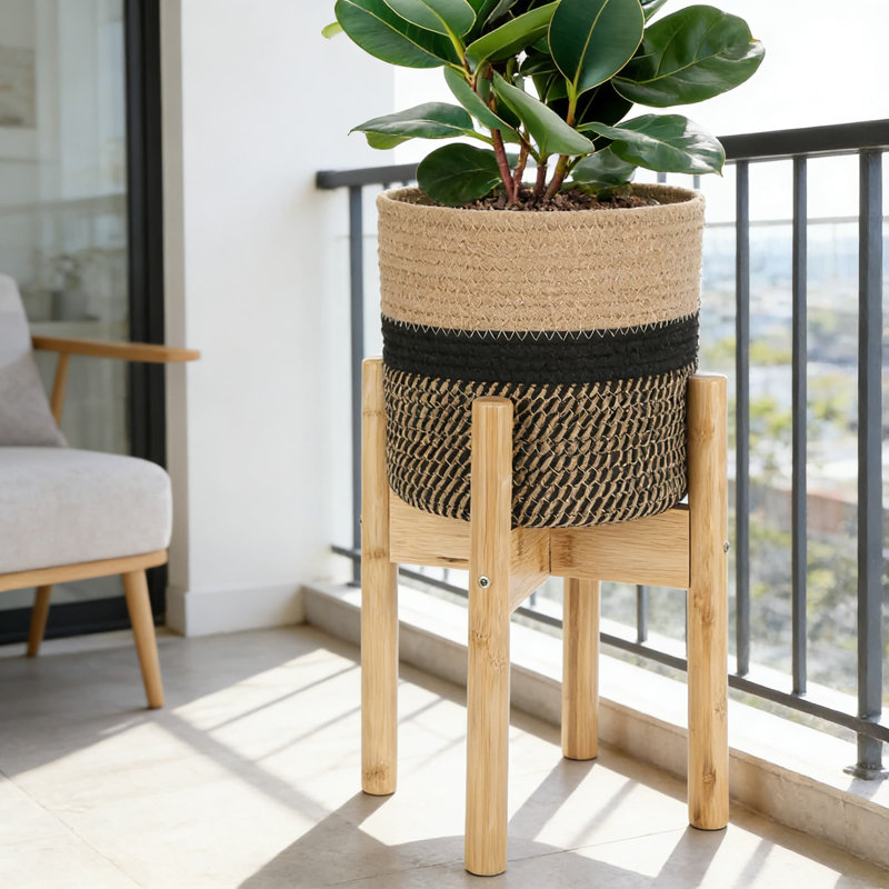 Panier à plante moderne tissé avec support en bambou réglable - Support à fleurs d'intérieur en jute robuste et corde de coton avec doublure imperméable