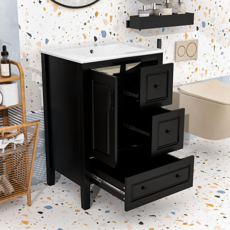 Meuble-lavabo autoportant classique de 24 pouces avec tiroirs à fermeture en douceur, Noir