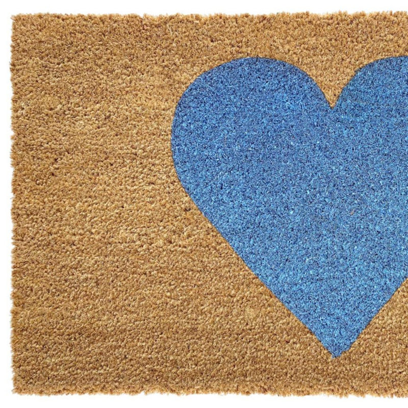 Tapis de porte d'extérieur en fibre de coco brun et bleu à motif cœur, 91 x 183 cm