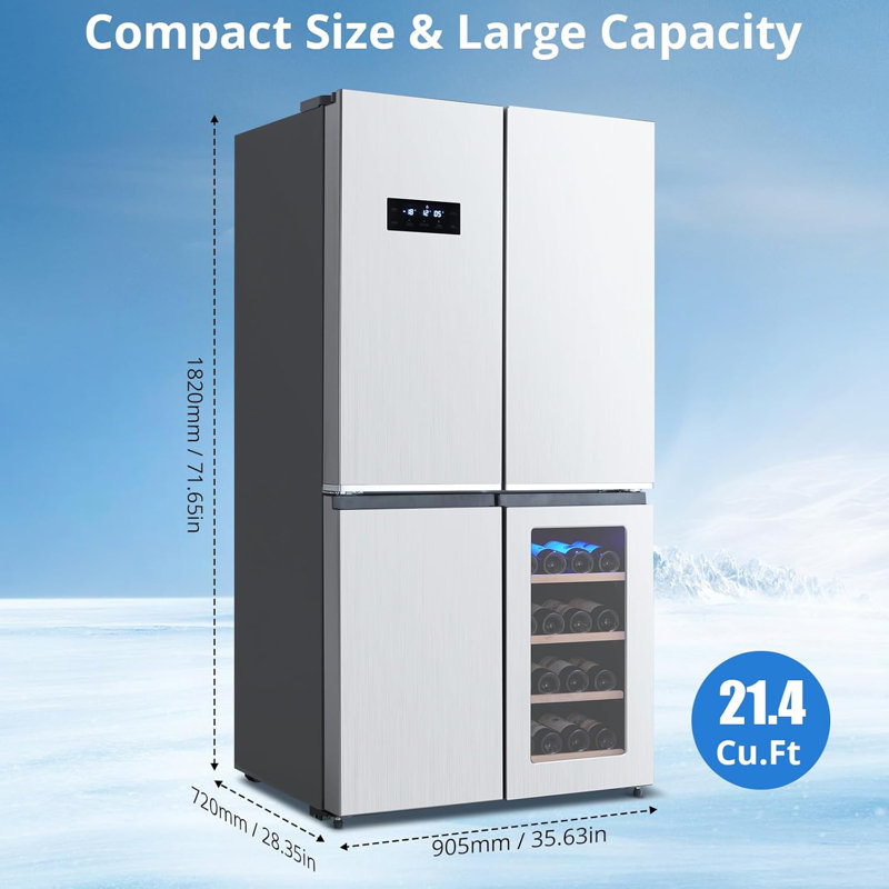 21 Cu.Ft. Stainless Steel French Door Refrigerator with Wine Cooler, Counter-Depth 4-Door Fridge, Touch Screen & Auto Defrost, Large Multi-Door Kitchen Appliance