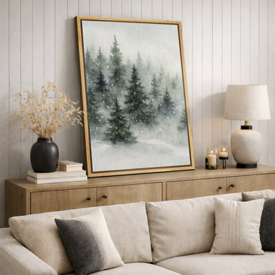 Snowy Evergreen Forest Artwork, Misty Winter Nature Room Pictures, Framed Canvas Giclee Print Wall Art