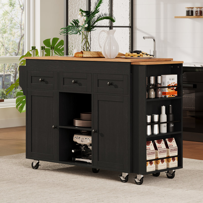 Îlot de cuisine avec table de salle à manger extensible, table de rangement de cuisine avec 3 tablettes latérales ouvertes, îlot de cuisine roulant avec prise de courant, 3 tiroirs, 2 portes, pour la cuisine, la salle à manger