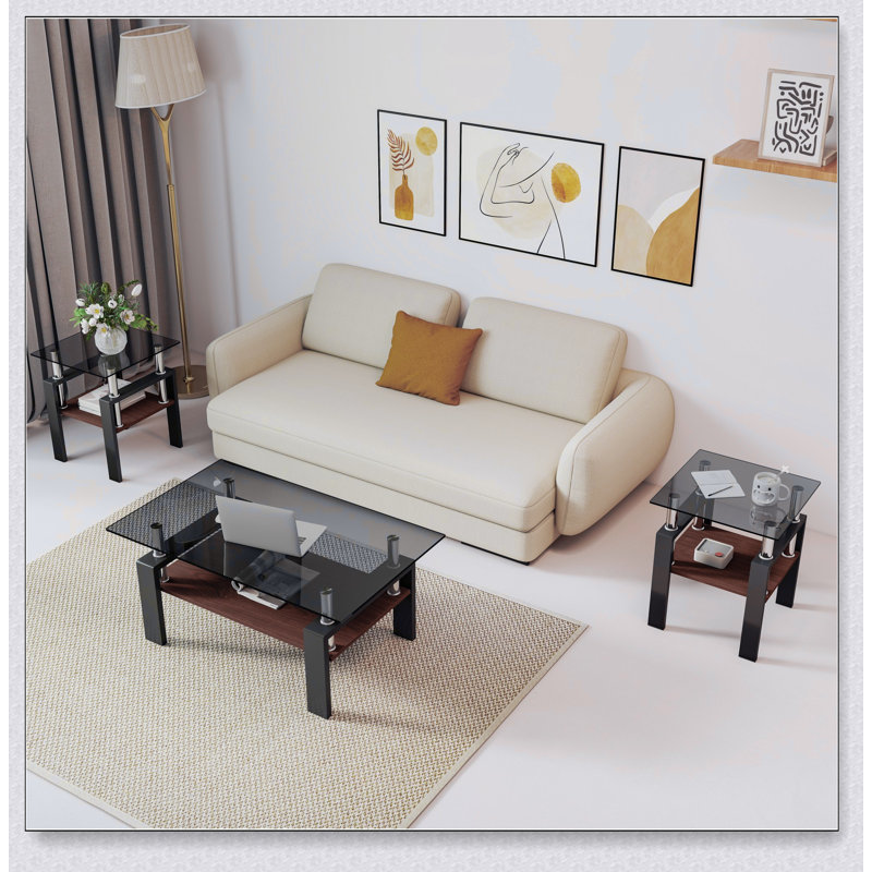 Ensemble de 2 tables basses et tables de bout modernes en verre trempé, durables et élégantes avec couche de panneau de fibres à densité moyenne pour un rangement supplémentaire