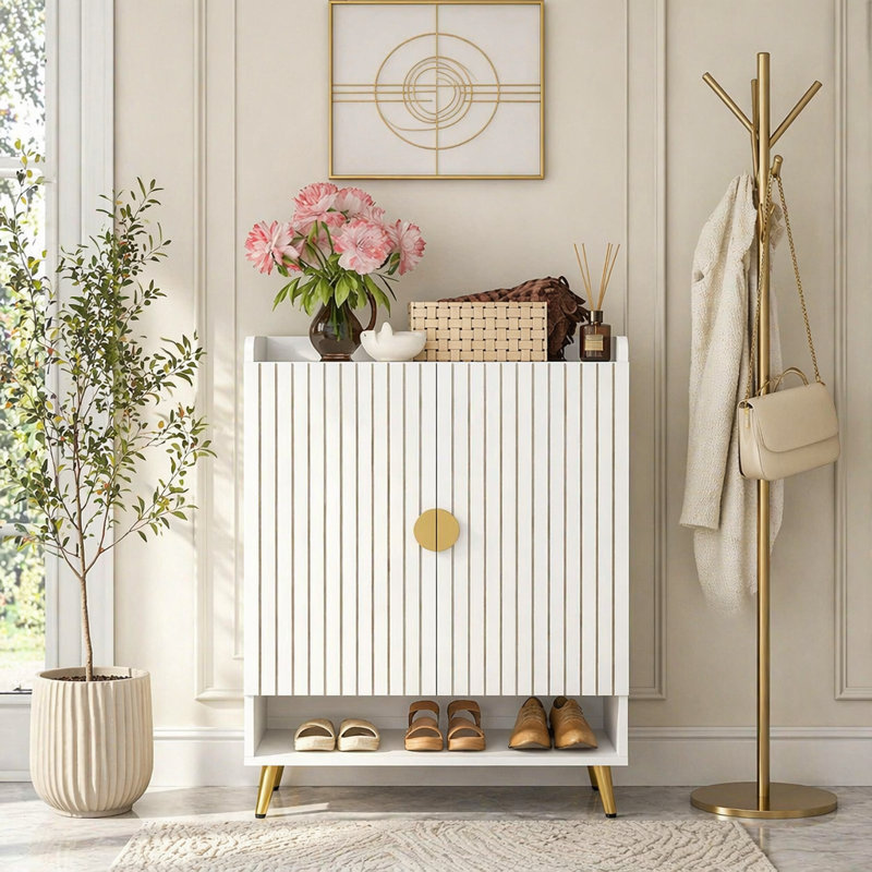 Armoire de rangement moderne pour chaussures, Or, blanc