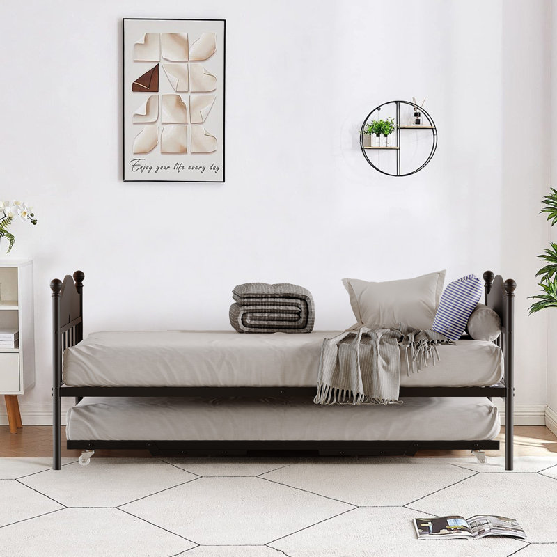 Heavy Duty Metal Twin Daybed with Pop-Up Collapsible Trundle, Steel Slat Platform & Stylish Headboard, Adjustable Guest Sofa Bed for Living Room or Bedroom - Sand Texture Black with Black Board
