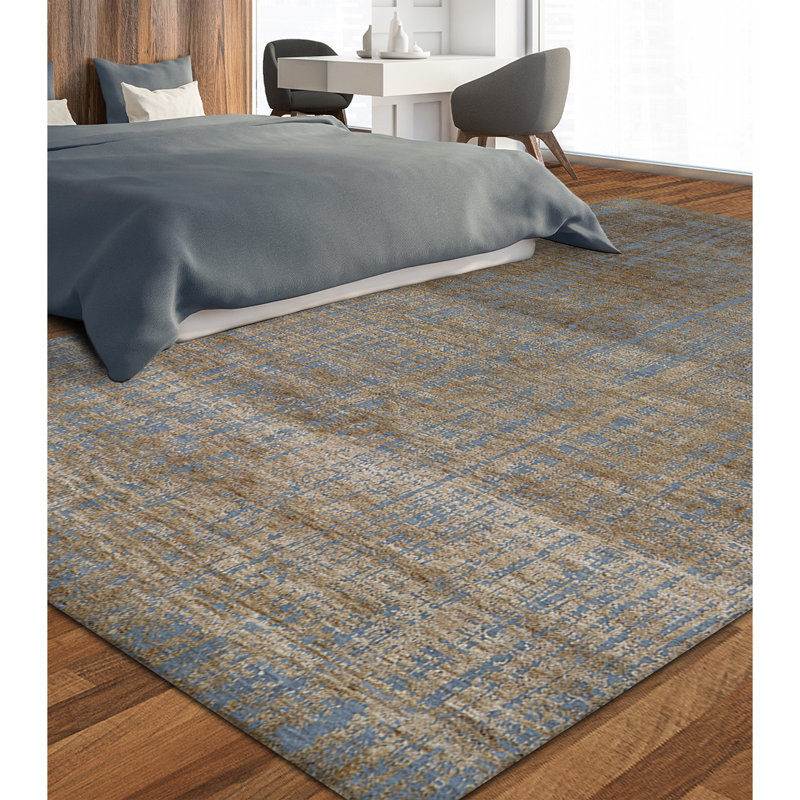Tapis bleu / brun de haute qualité noué à la main, Rectangle 8 pi x 10 pi
