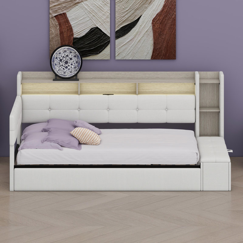 Upholstered Daybed Frame with Storage Footstool, Shelves, Trundle, USB Charging Port & LED Lighting, Beige