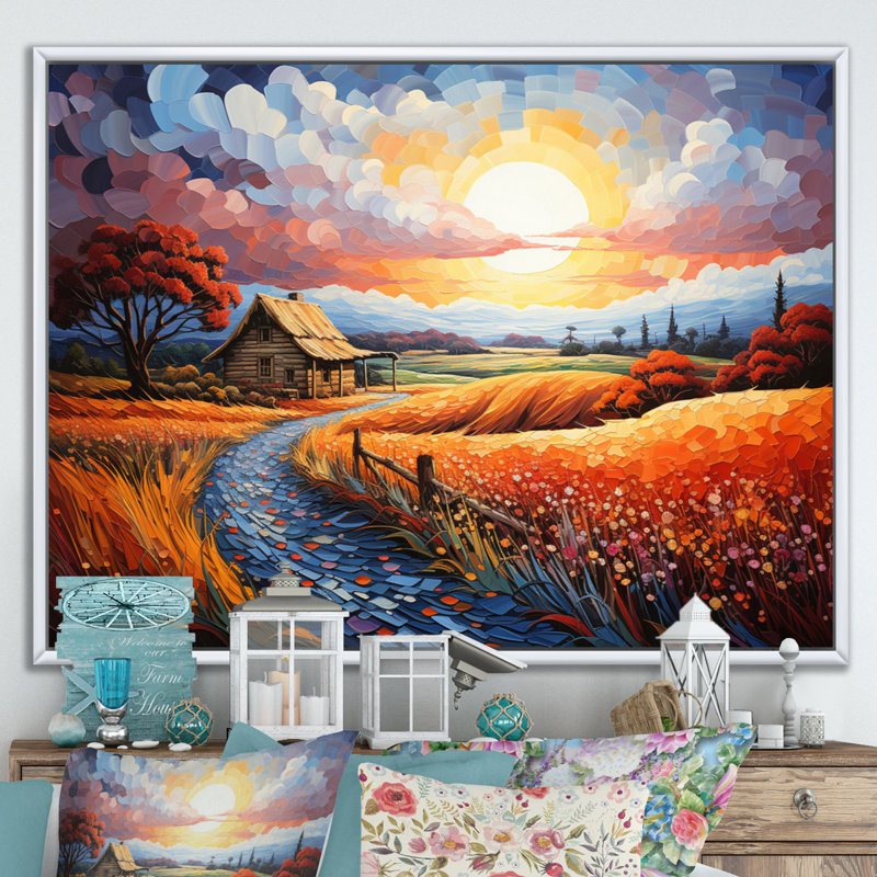 Grange quiet sanctuaire pointillisme - décoration murale de ferme, H 30 po x l 40 po x P 1,5 po, Cadre flottant blanc