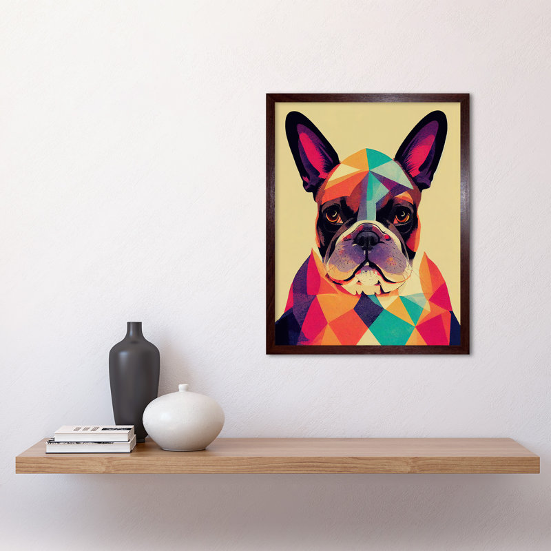 Vibrant Colourful Geometric French Bulldog - Print, Brown Framed Paper, 43cm H x 33cm W x 2cm D