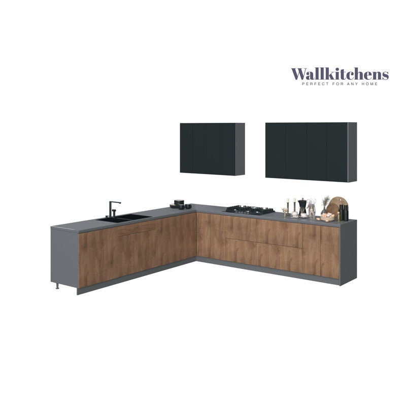 Kitchen Prodigy Collection Natural Teak & White Gloss Colour Base Size 11Ft Wide, Natural Teak/Black