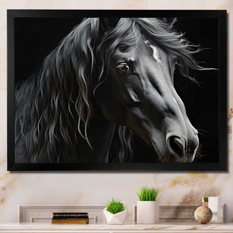Black White Horse Portrait - Animals Canvas Prints, H 16 po x l 32 po x P 1 po, Cadre photo noir