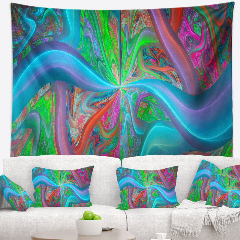 Tapisserie abstraite aux courbes fractales bleues et vertes, H 50 po x l 60 po