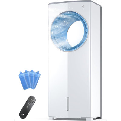  Windowless Evaporative Air Swamp Cooler Portable Evaporative Fan for Room No Window, 3 Speeds & 4 Modes, 7H Timer, Remote Control, 4 Ice Packs, Quiet Cooling Fan for Bedroom, White