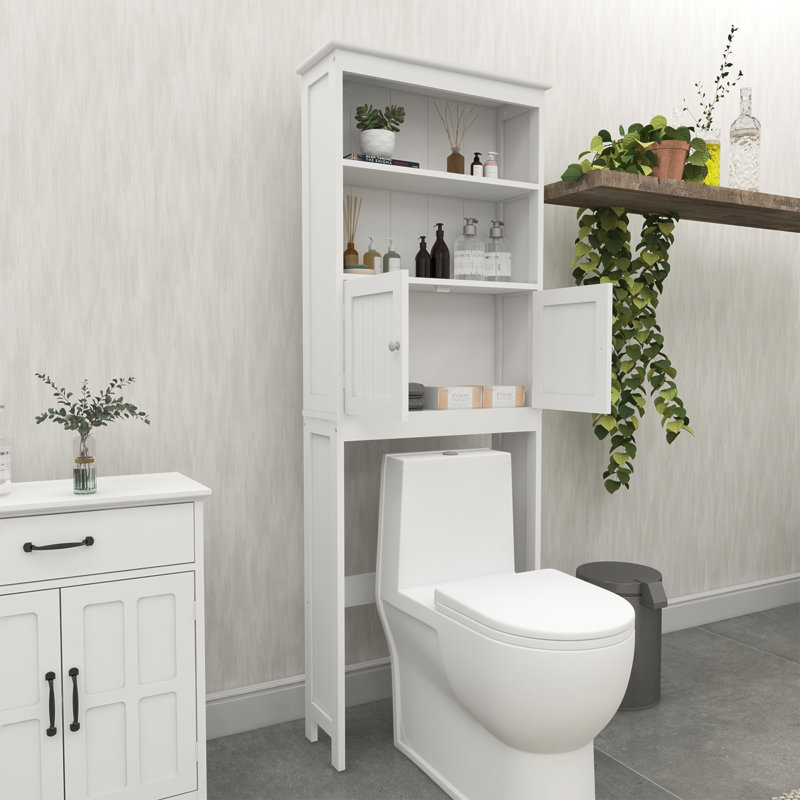 White Over-the-Toilet Storage Rack with Doors and Shelves