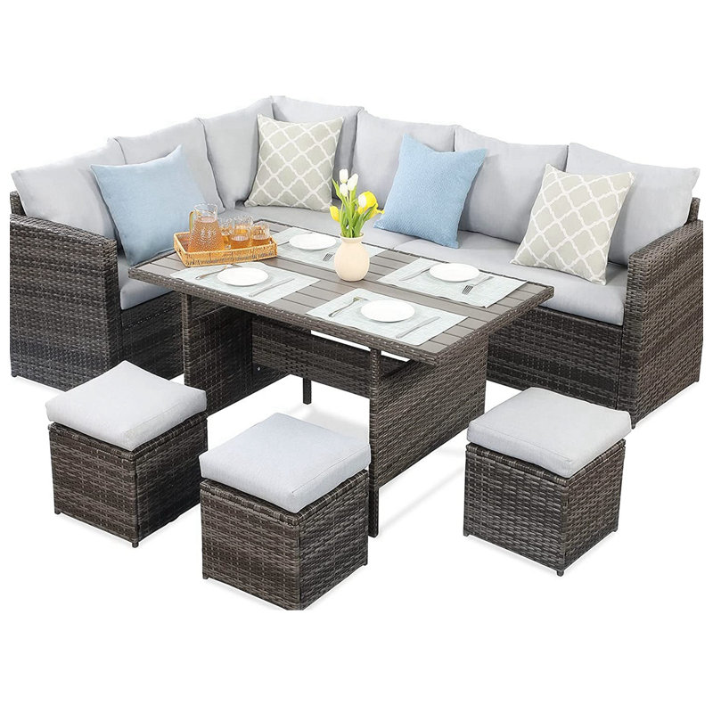 Canapé d'extérieur Radhya 7 pièces PE, Blanc, Gris