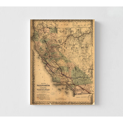 «California Southern Pacific 1876», reproduction de carte antique de la Californie, affiche du Pacifique, bibliothèque murale rustique, décor de bureau à domicile ancien