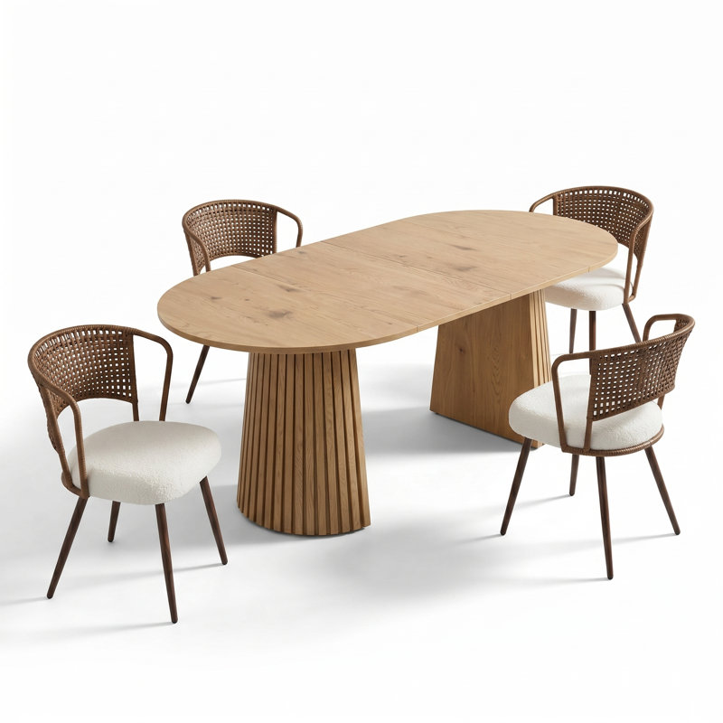5 Piece Extendable Oval Dining Table Set For 4 Wood Look Kitchen Table With Rattan Back Upholstered Dining Chairs, Walnut