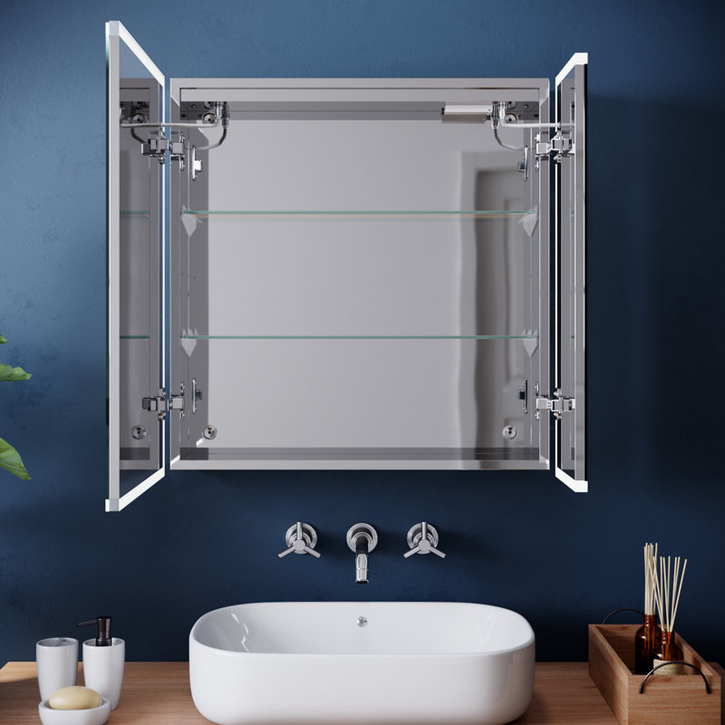 60x63cm LED Bathroom Mirror, Double Door, Acrylic Trim, Anti-Fog, Bluetooth, Shaver Socket, Polished