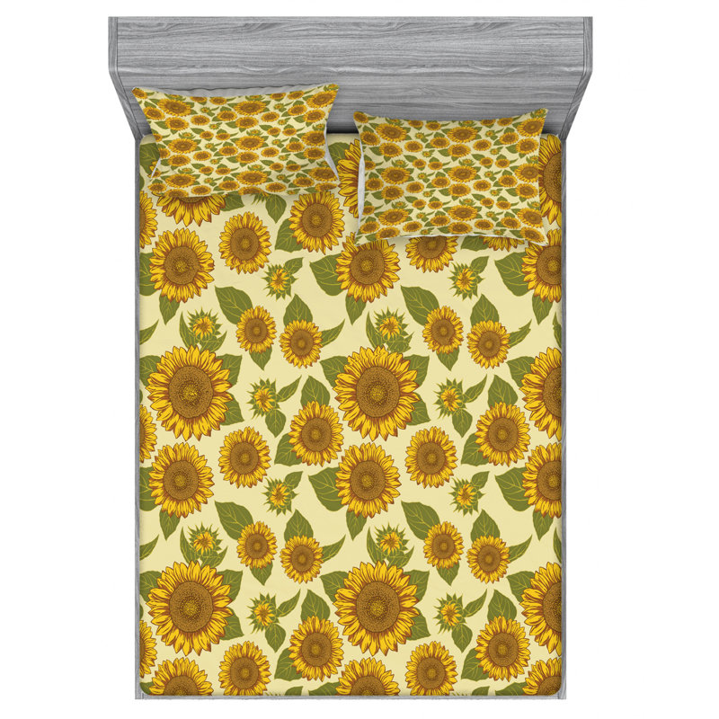 Sunflower Microfiber Floral Sheet Set, Queen Sheet Set + Fitted Sheet + 2 Pillowcases