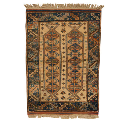 Tapis unique en laine noué à la main de 3 pi x 4 pi 3 po vert foncé / orange / beige
