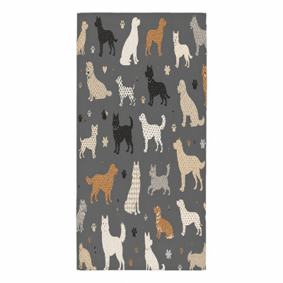 1 serviette de plage à motif de chien, avec une variété de races dans des poses ludiques sur fond gris, pour les aventures en plein air, les voyages et la gym, unisexe.