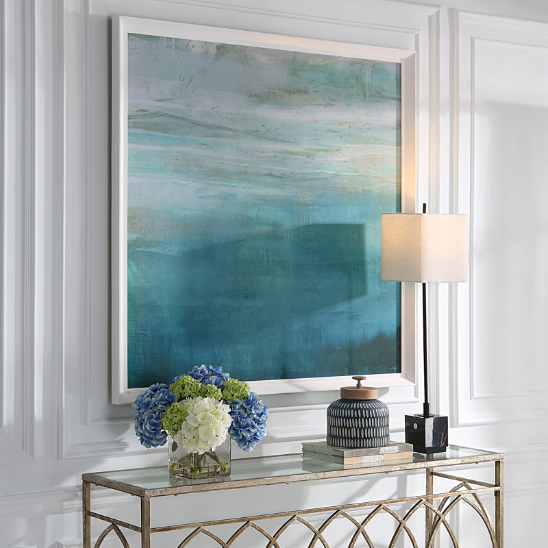 Teal Abstract Print with White Wooden Frame