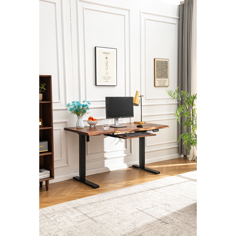  Adjustable Standing Desk with South American Walnut, Live Edge Desk with Keyboard Tray, 29.5" H x 46" W x 24" D, Black