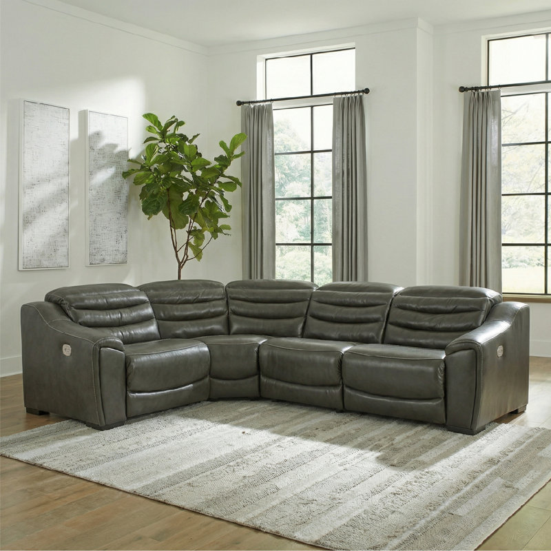 Melynn Upholstered Power Reclining Curved Sectional Symmetrical, Dark Gray Genuine Leather