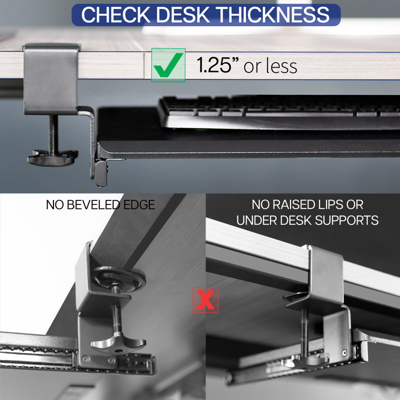 Black Adjustable Metal Clamp-On Keyboard Tray with Drawer