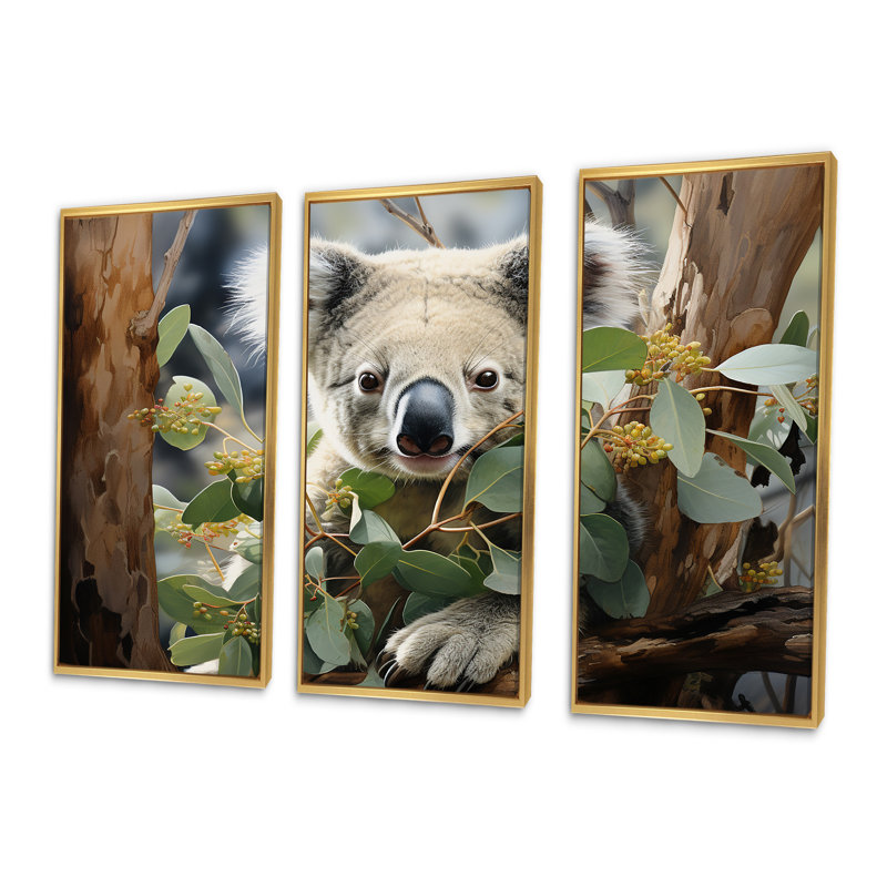 Aquarelle, arbre koala, observateur 2 - art mural koala, Cadre flottant doré, H 28 po x l 36 po