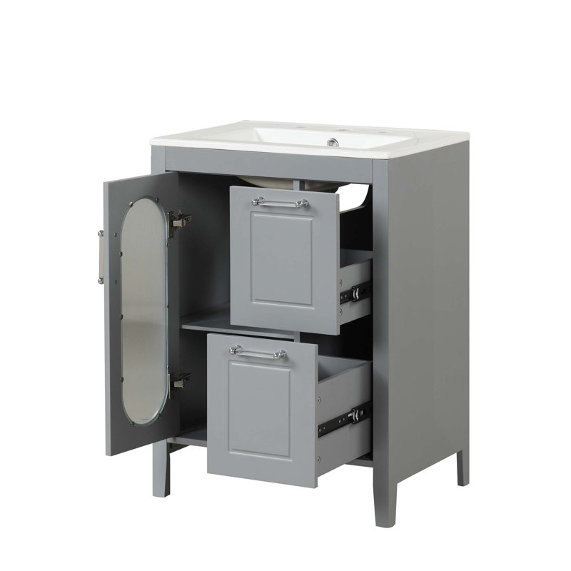 Meuble-lavabo 24 po avec lavabo, armoire avec 2 tiroirs et porte, tablette réglable, bois massif et panneau de fibres à densité moyenne