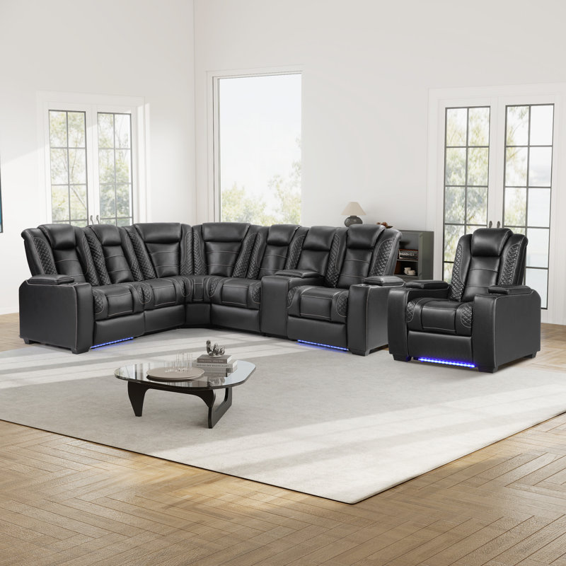 Modern Faux Leather Power Reclining Sectional Sofa & Recliner Chair Set With Led Lighting And Cup Holders