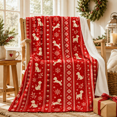 Nordic Dog Christmas Blanket with Snowflakes, Hearts and Red Stripe Pattern, Flannel Throw for Sofa, Bed and Scandinavian Holiday Seasonal Styling, 40 x 50 in