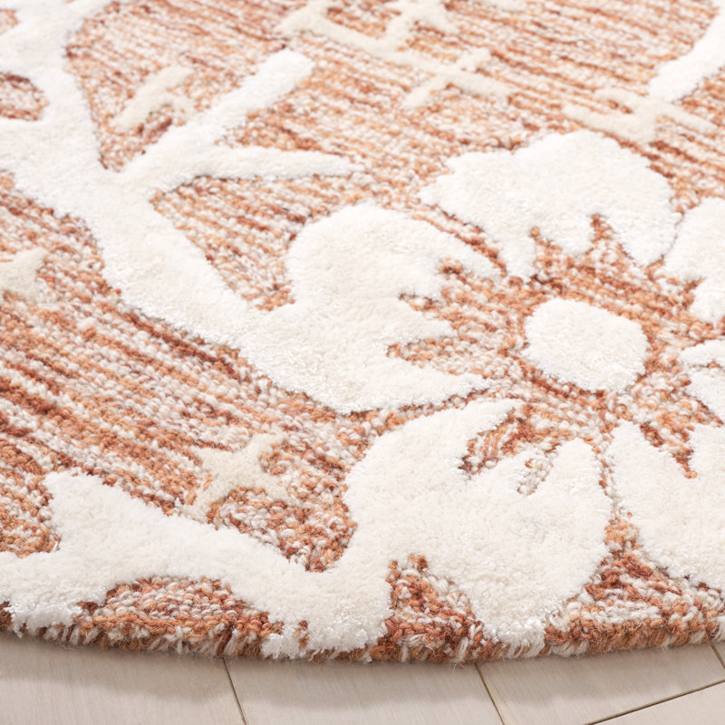 Tapis floral rouge / blanc en laine / viscose / coton touffeté à la main Spencel, Rond 6 pi