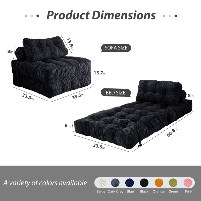 Fauteuil à billes moyen en velours côtelé, canapé-lit à dossier rabattable, Velours côtelé noir