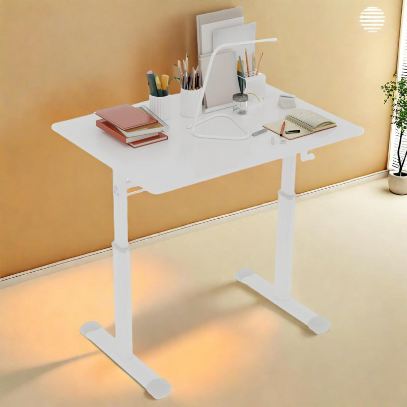 Adjustable Height Desk for Home Office and Study, Manual Crank, Minimalist Design, White