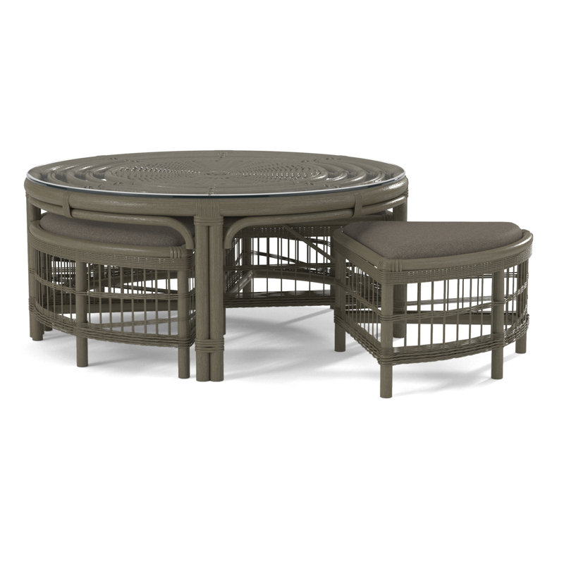 Raffles Rattan Cocktail Table with Benches, Stone Hearth, Blue Buffalo Check; 0120-61