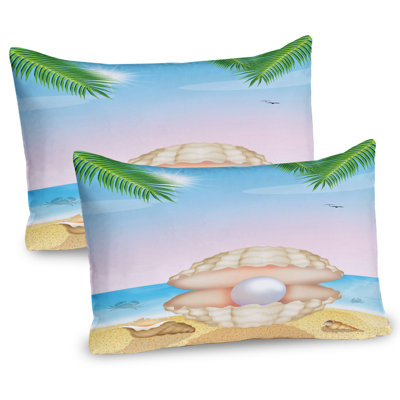 Ambesonne Pearls Pillow Sham 2 Pack Shell on Sandy Beach Cream Blue