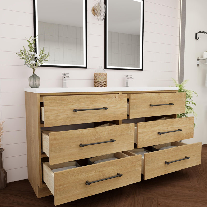 Oak Finish Double Bathroom Vanity with Acrylic Top