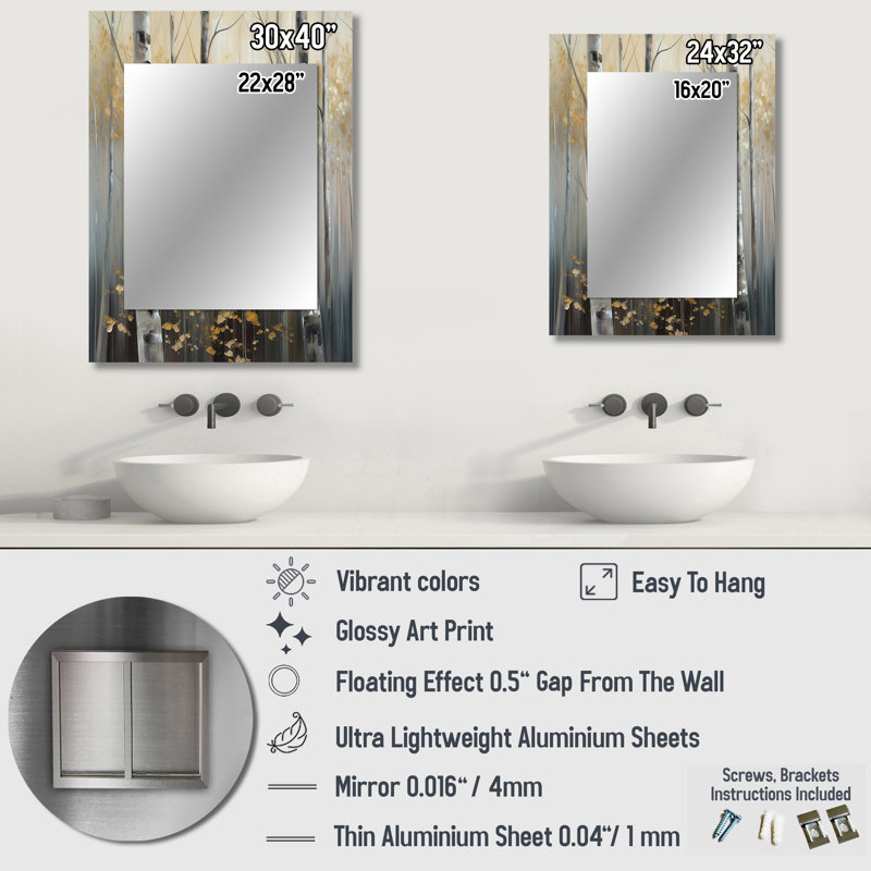Birch Tree Dense Forest IV - grand miroir mural, miroir mural décoratif moderne, impression d'art en métal, 32 po x 24 po