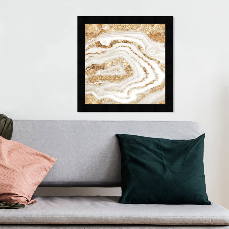 Reproduction d'art encadrée scandinave dorée et blanche pour salon, Cadre noir, H 14 po x l 14 po
