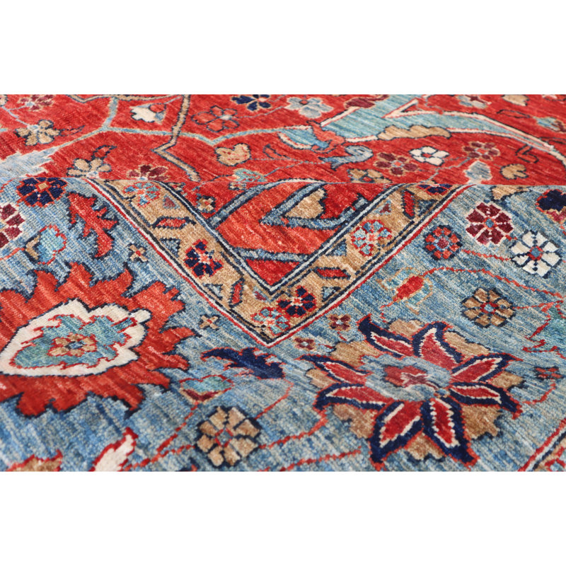 Hand Knotted Wool Area Rug in Red And Light Blue