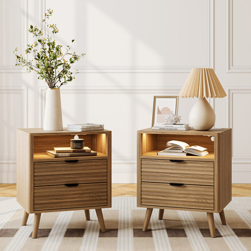 2 Drawer Bedside Table, Set of 2, Natural