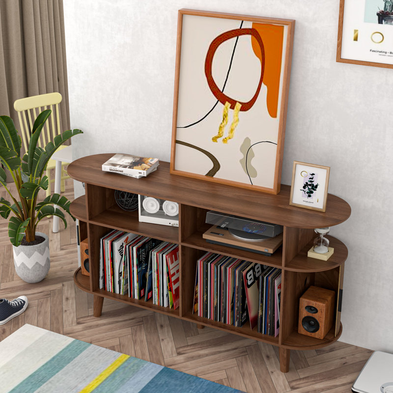 Large Record Player Stand, Mid-century Turntable Stand With Sliding Doors, Vinyl Display Stand For Bedroom Living Room