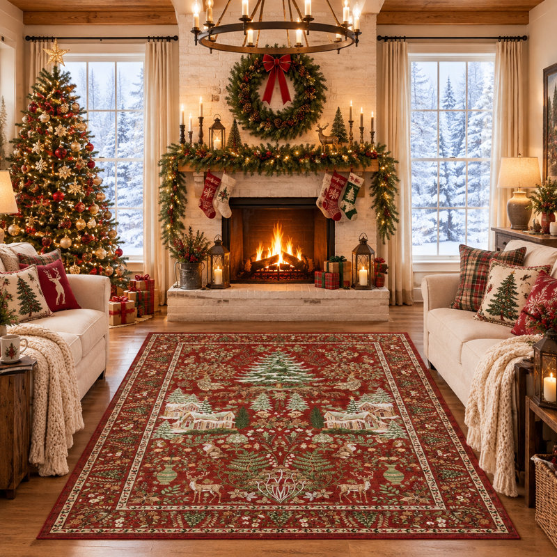 Tapis Christmas Forest Wonderland, Rouge, 8 x 10 pi