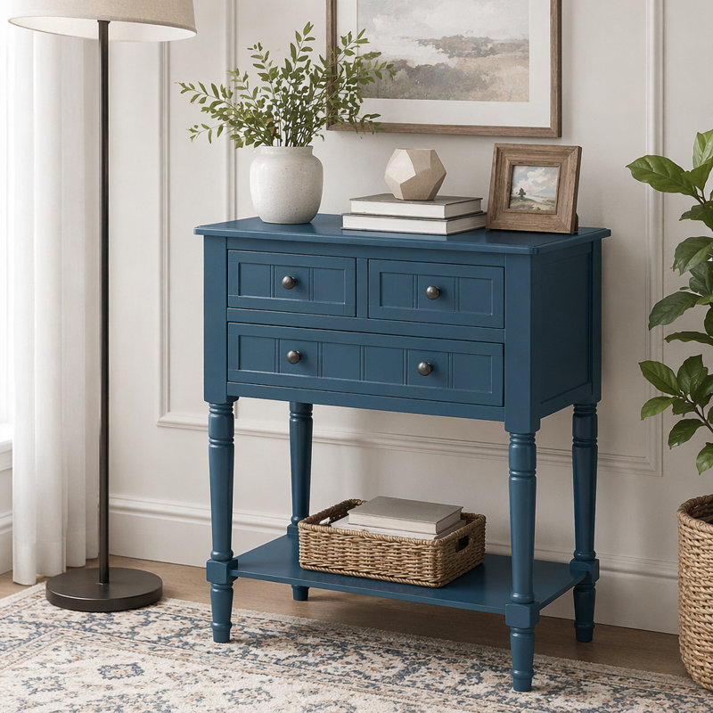 Console étroite avec trois tiroirs de rangement et une tablette inférieure, Navy Blue