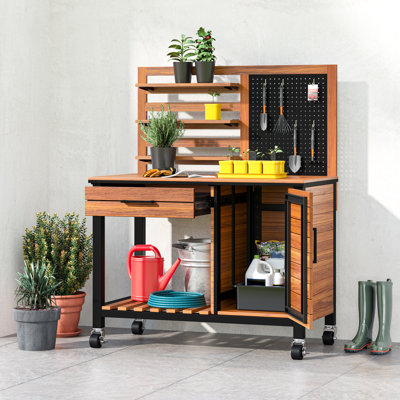 Acacia Wood Outdoor Potting Bench Table & Lockable Wheels