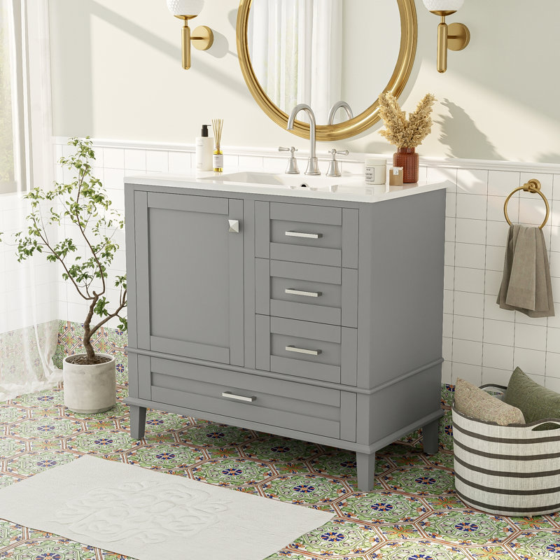 36"  Bathroom Vanity With Solid Pine Frame, 1 Soft Close Door And 3 Drawers , Modern Storage Cabinet, Gray