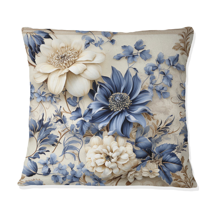 Victorien fleurs bleues et blanches damassées - Abstrait corail multicolore azur - coussin, H 18 po x l 18 po