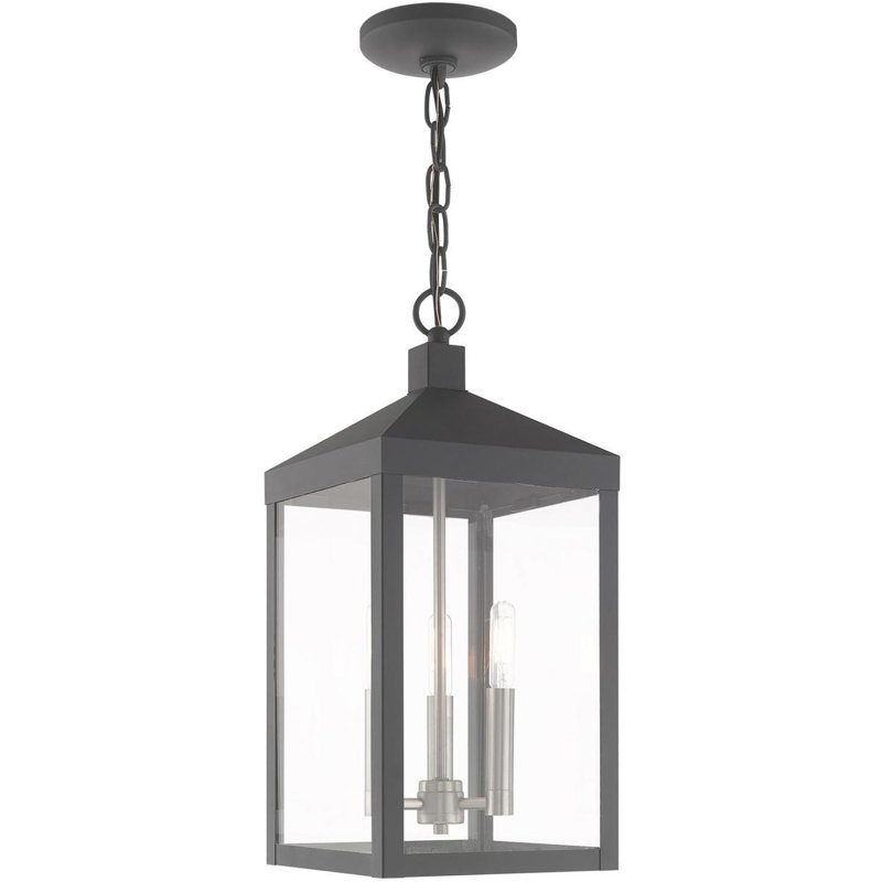 3 Light Outdoor Pendant Lantern with Clear Glass Shade, Scandinavian Gray/Nickel, 18.5" H x 8.25" W x 8.25" D